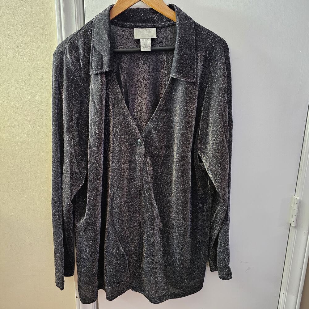 VTG Semi Sheer Black Silver Metallic Button Up Shirt Sz 2X Y2K 90s Soft Alt